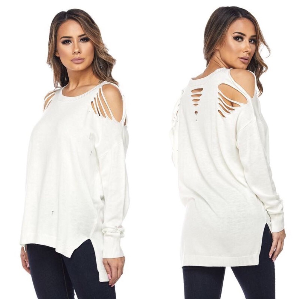 White Distressed Knit Top